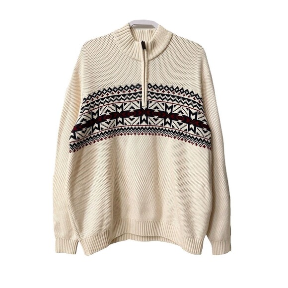 NEW Izod 1/4 Zip Mens Size XXL Fair Isle Honeycomb Knit Sweater Cream Red Blue - Picture 1 of 8